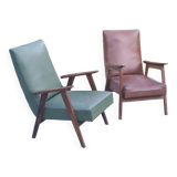 Pair of vintage Scandinavian style armchairs with moleskine compass legs from the 1950s