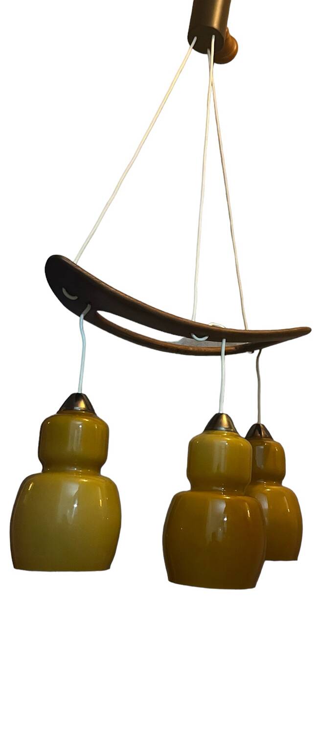 Teak pendant lamp year 60/70 3 globes Rispal