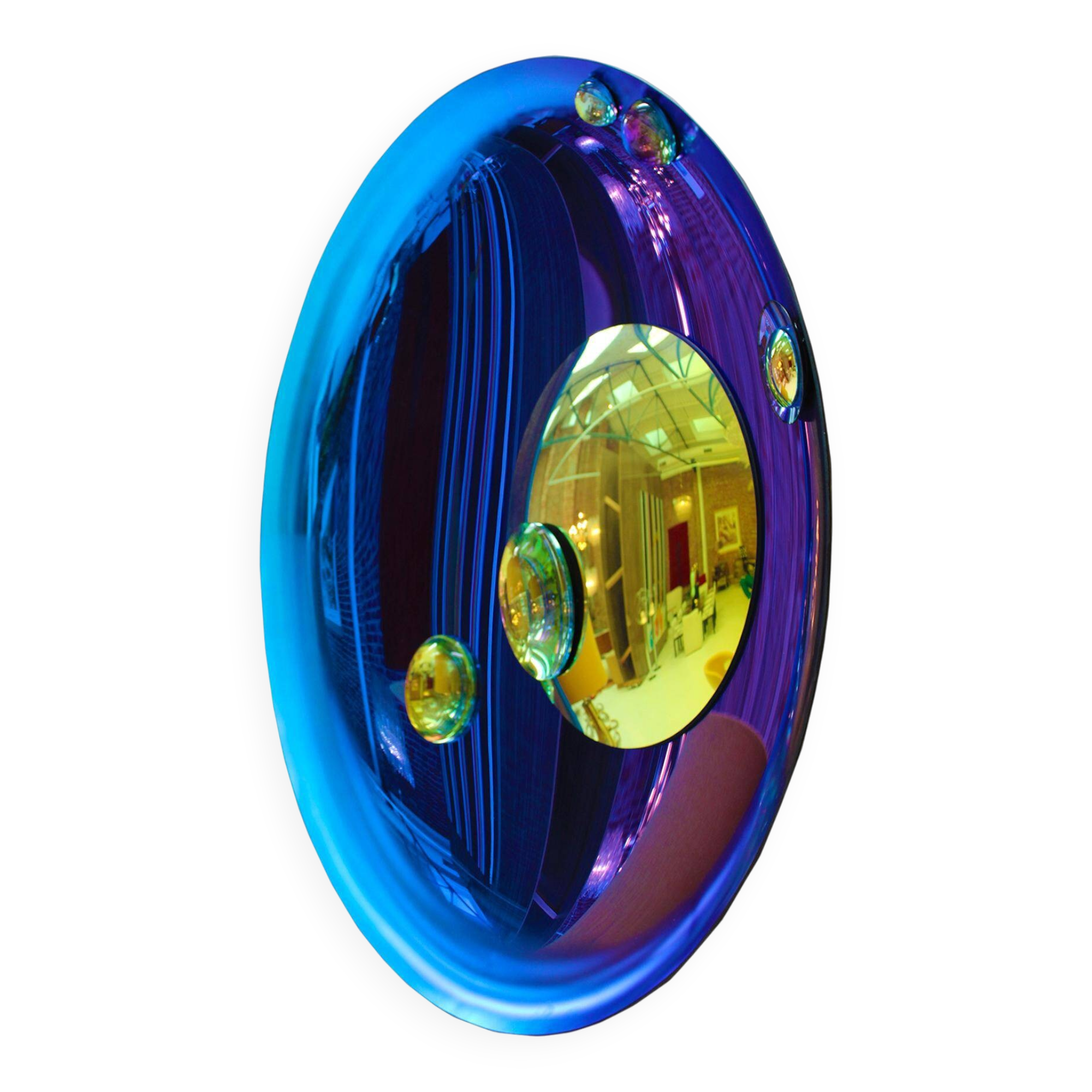 Modern Sculptural Concave French Mirror - Handmade Wall Art in Blue Glass