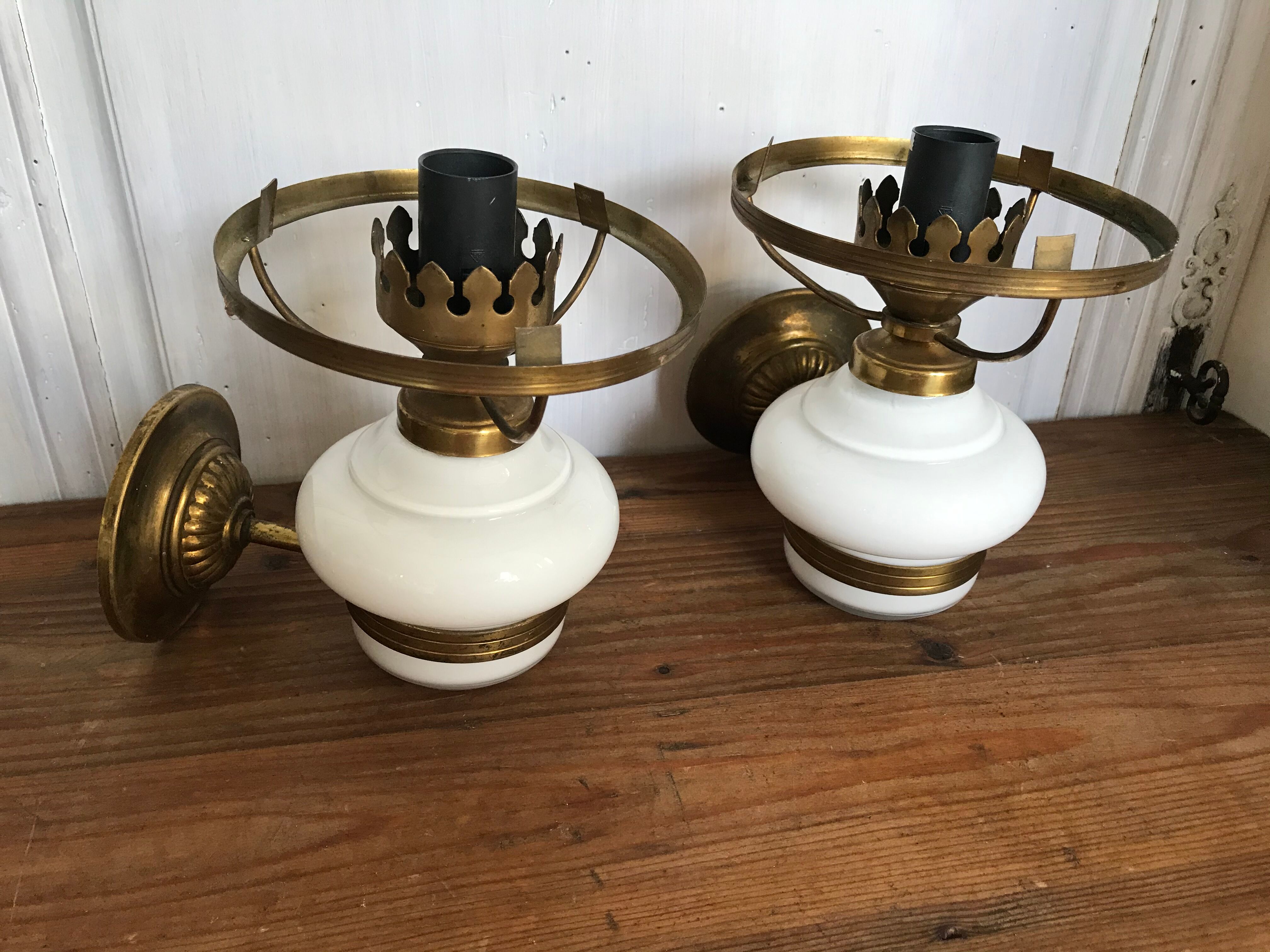 Pair of brass and opaline sconces