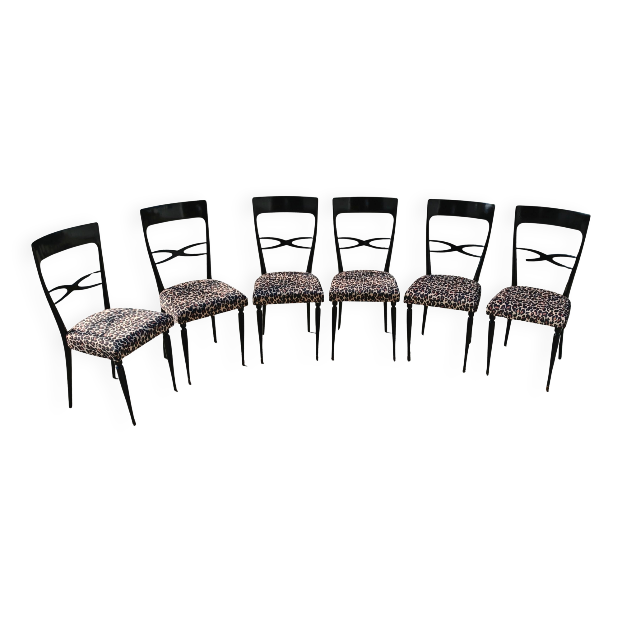 Set de 6 chaises salle à manger Mid Century laque noire peluche imprimé léopard