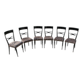 Set of 6 Mid Century dining chairs in black lacquer with leopard print upholstery.