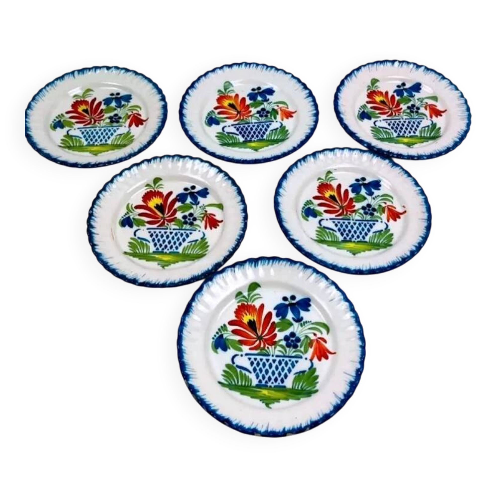 Set of 6 antique Auvillar plates – polychrome floral basket decoration