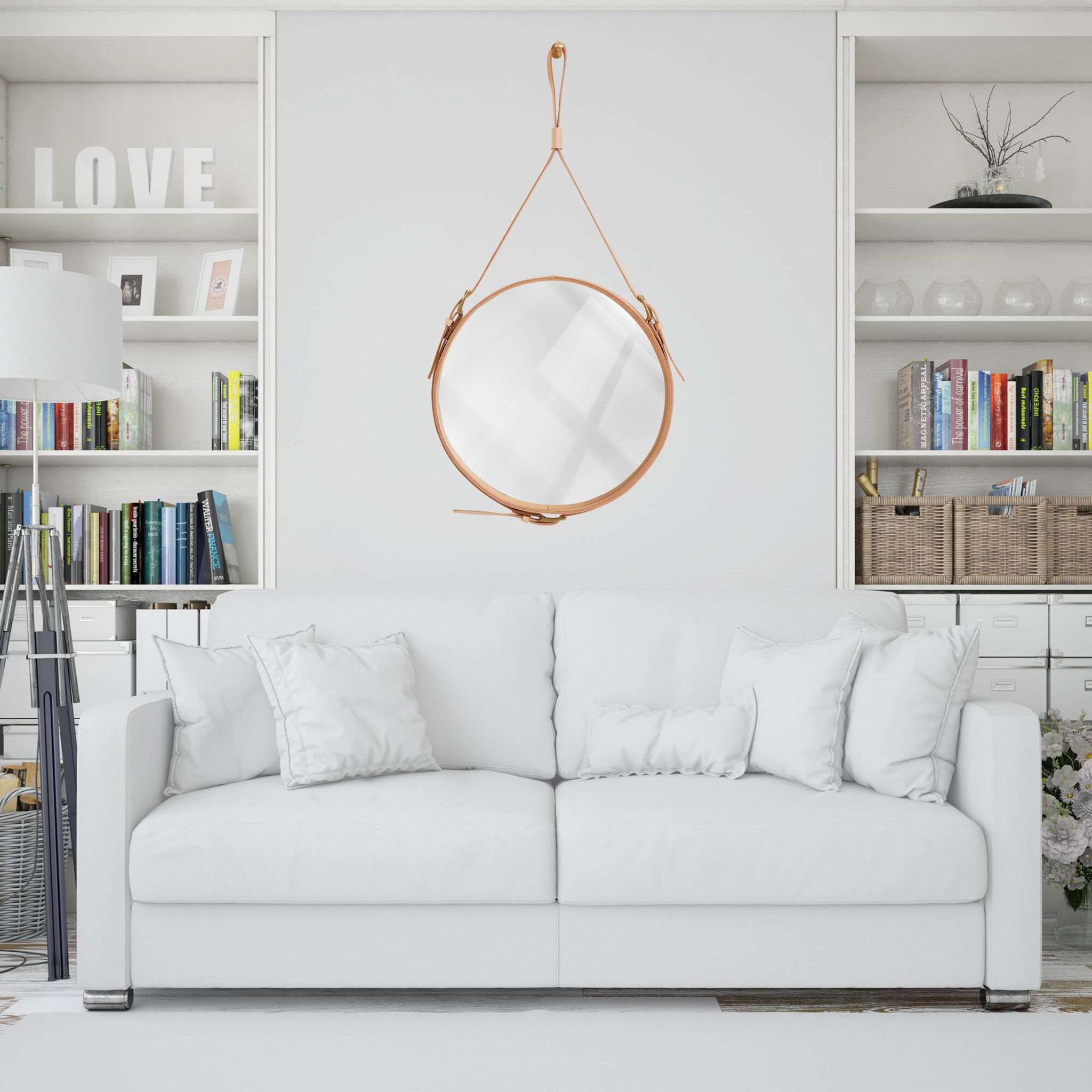 Handmade J. Adnet style mirror in natural vegetable-tanned leather, ø 45 cm