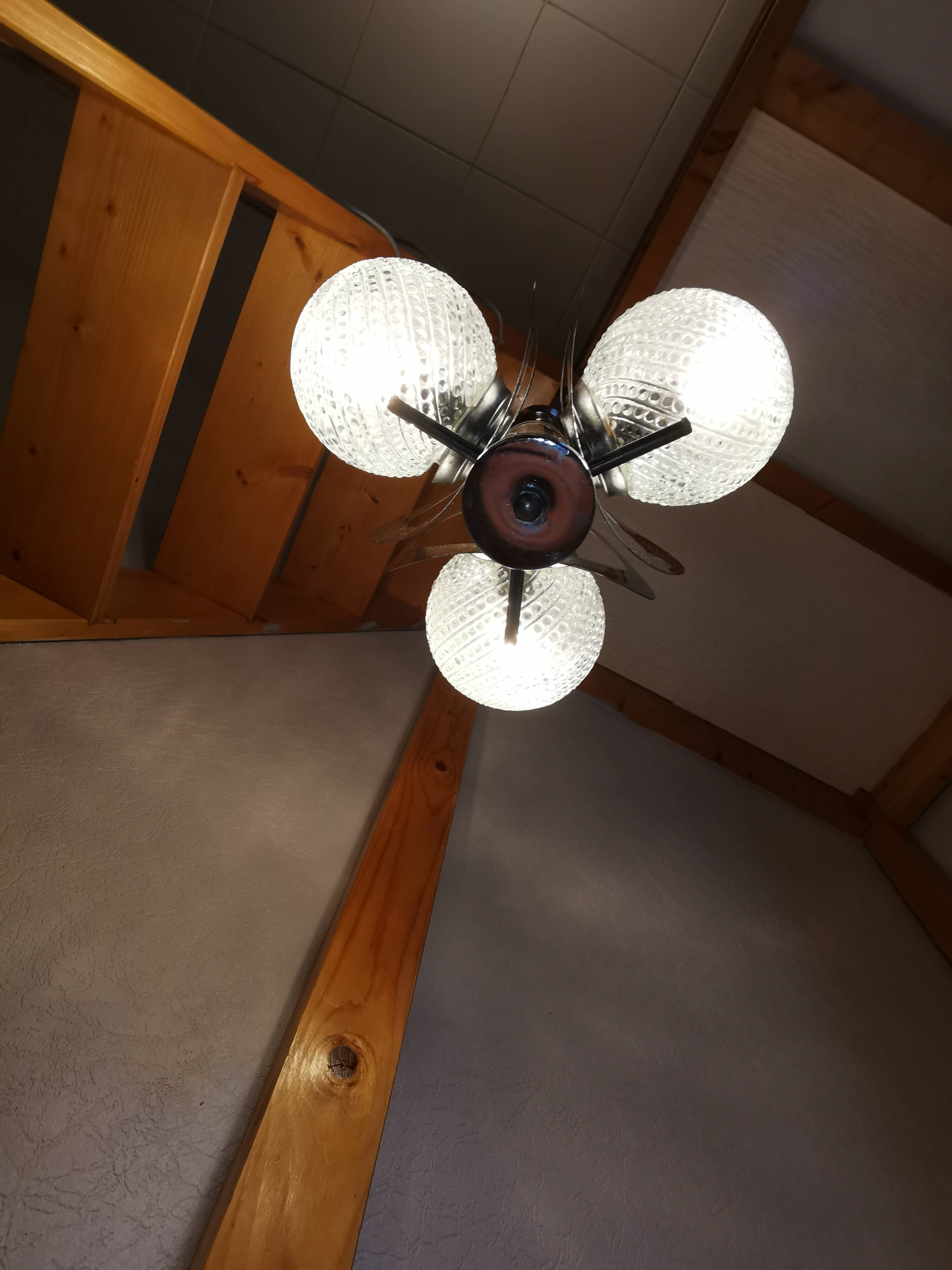 Space age chandelier with 3 lights, stainless steel and cut glass, Mazzega style, 1970