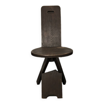 Chaise tripode en bois vintage brutaliste