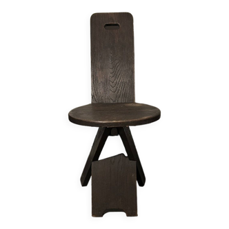 Chaise tripode brutaliste en bois vintage