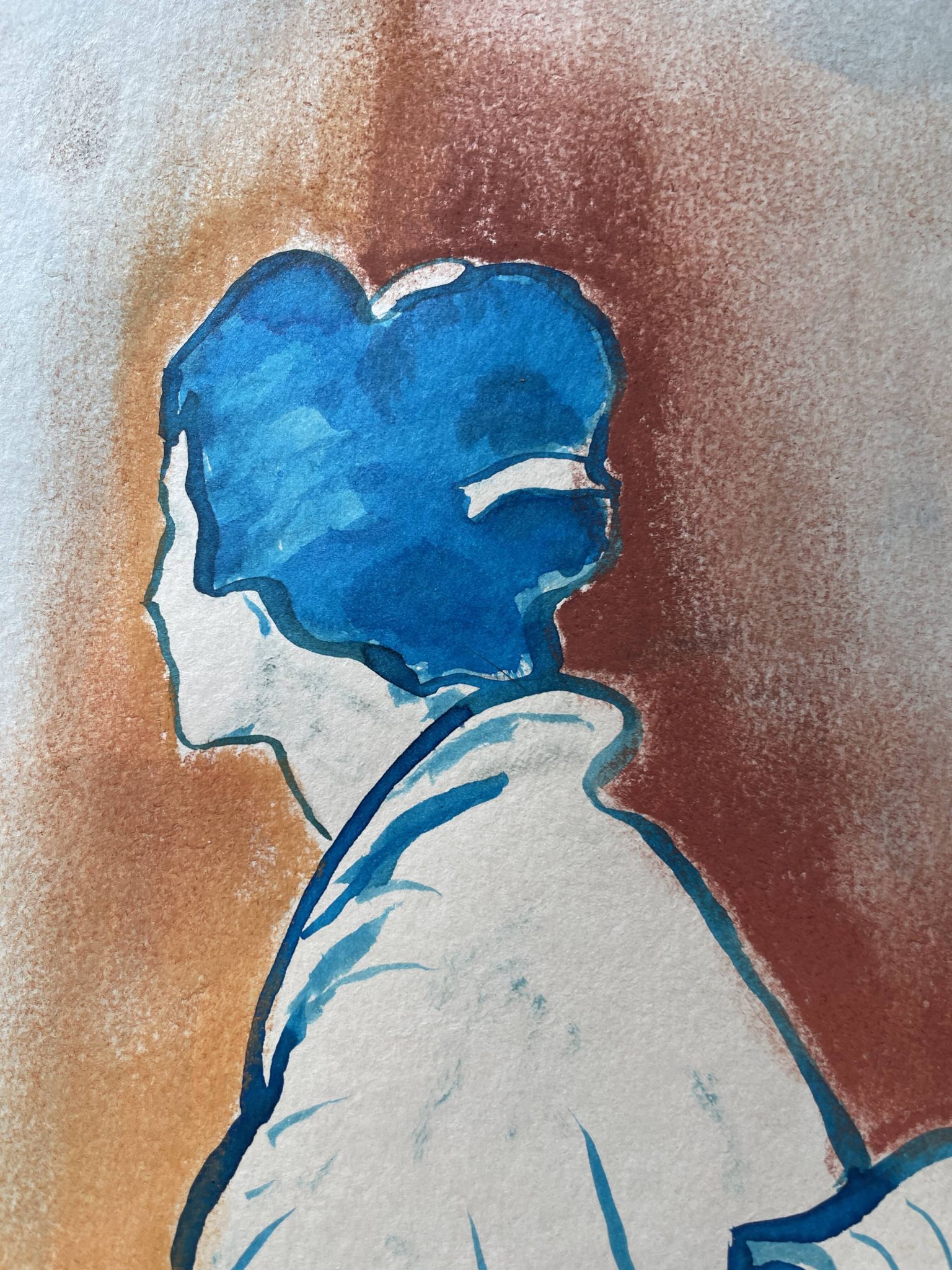 Signed painting pastel and Indian ink female portrait Japan “geisha blue”