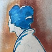 Signed painting pastel and Indian ink female portrait Japan “geisha blue”