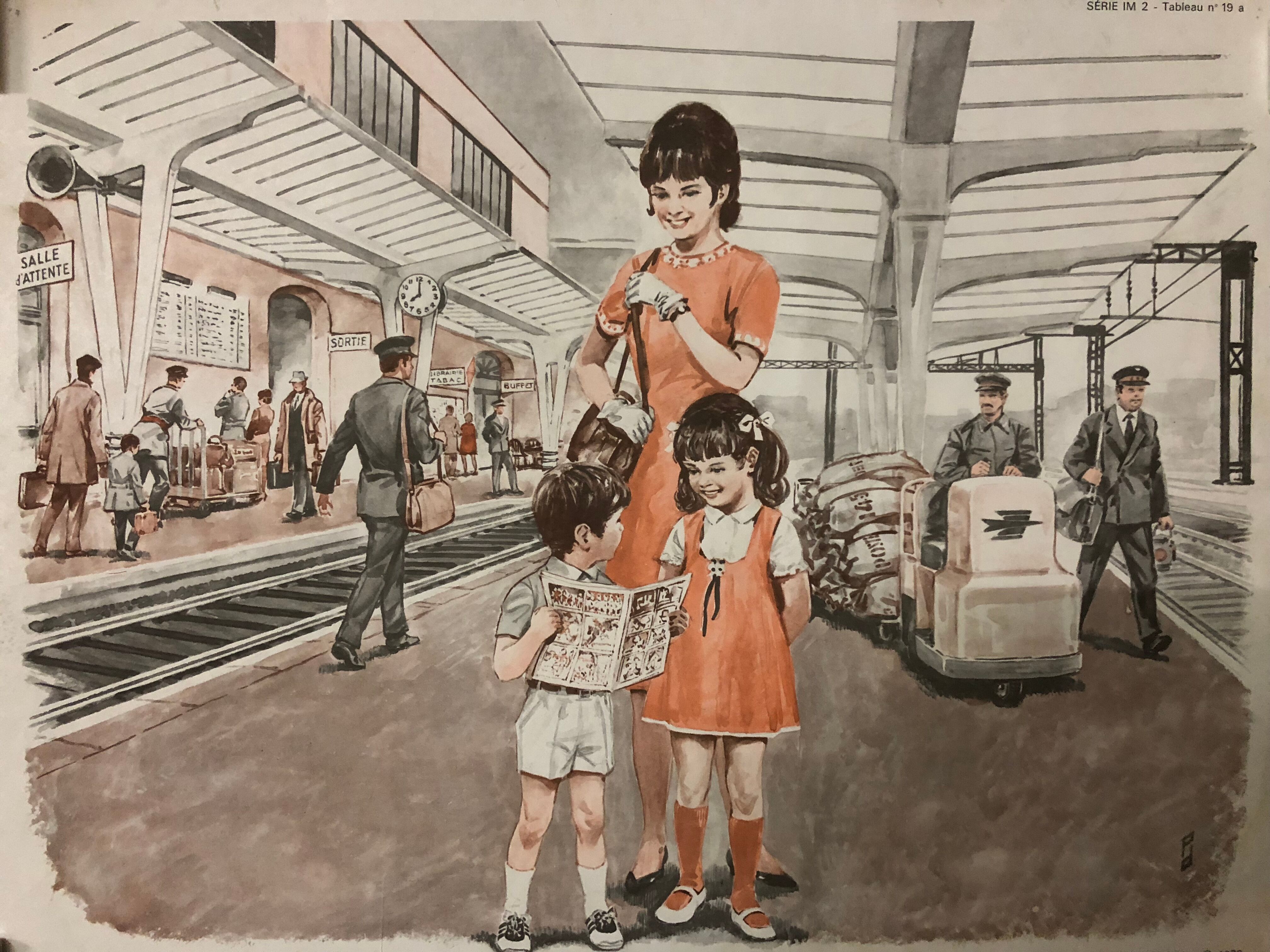 Vintage school poster of the station traffic and platform