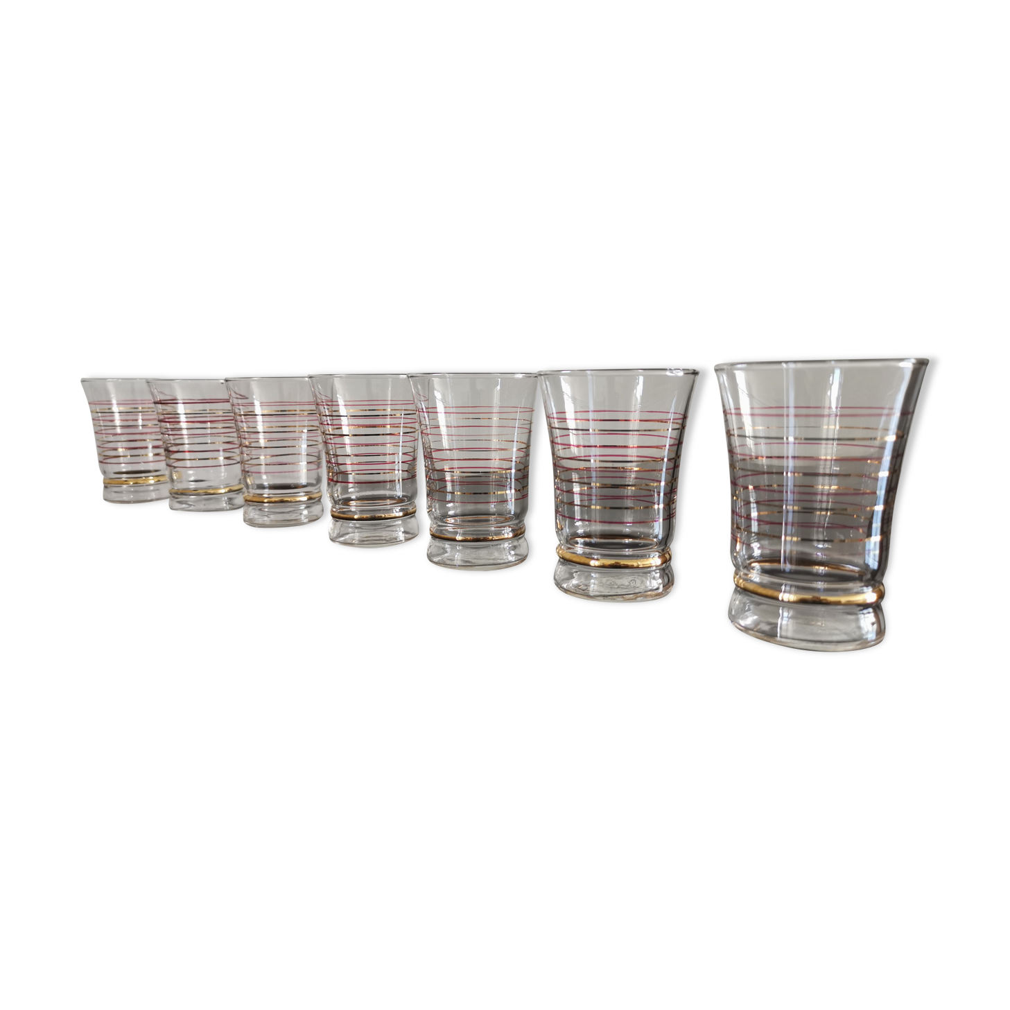 Set of 7 vintage glasses bordered gold and red years 50/60