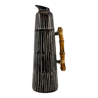 Vase pichet vintage en céramique et bambou • BR Keramik Danemark • 1960s