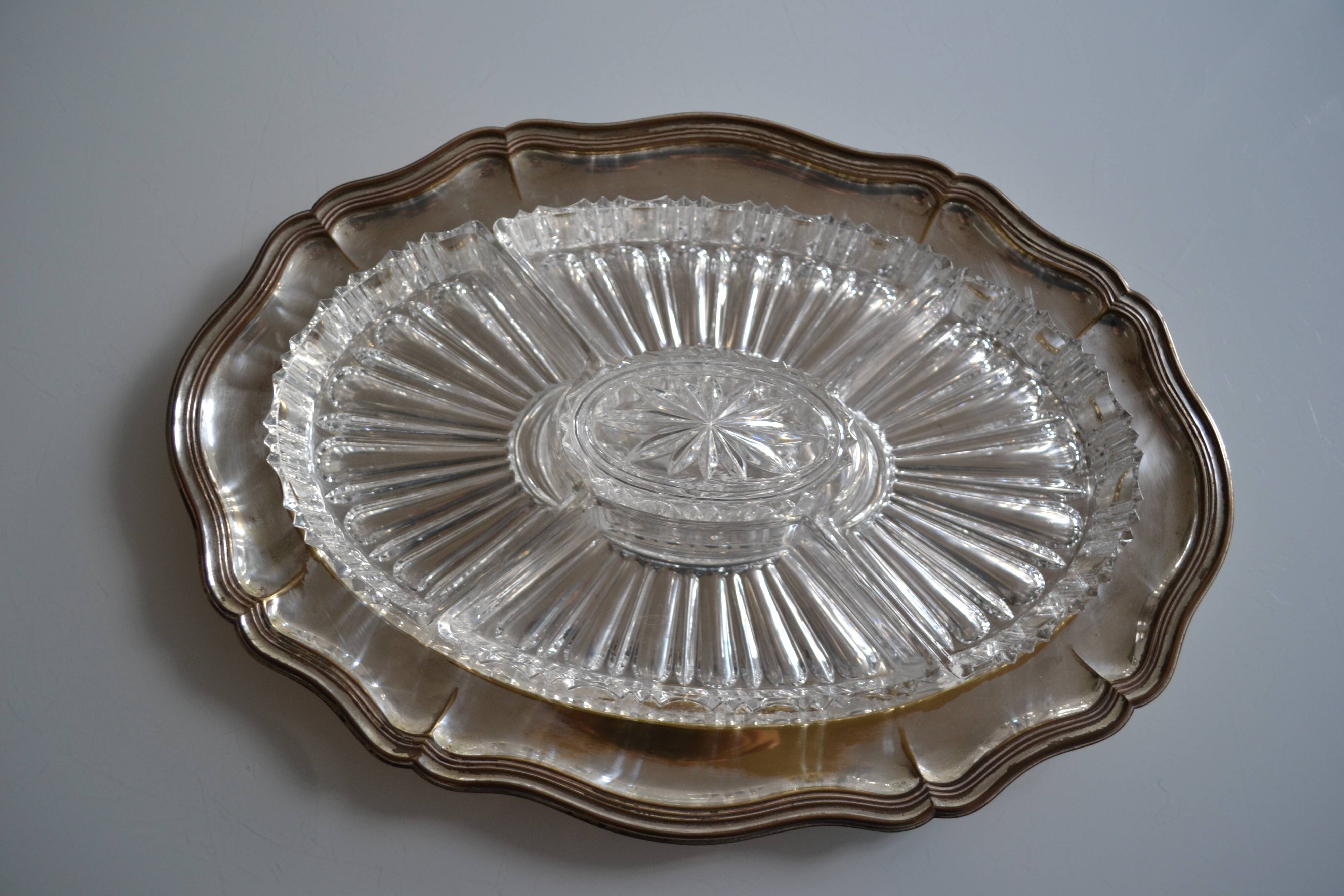 Silver-plated metal aperitif serving tray with HKE hallmark and glass.