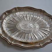Plat serviteur apéritif métal argenté poinçon HKE et verre