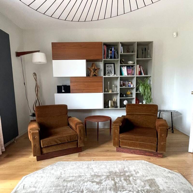 Paire de fauteuils vintage en velours et palissandre