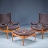 Mid-century danish oak and leather lounge chairs & ottoman by kristian vedel, 1960s, set of 3