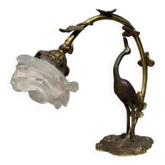 Lampe au Héron en bronze à double patine, époque Art Nouveau