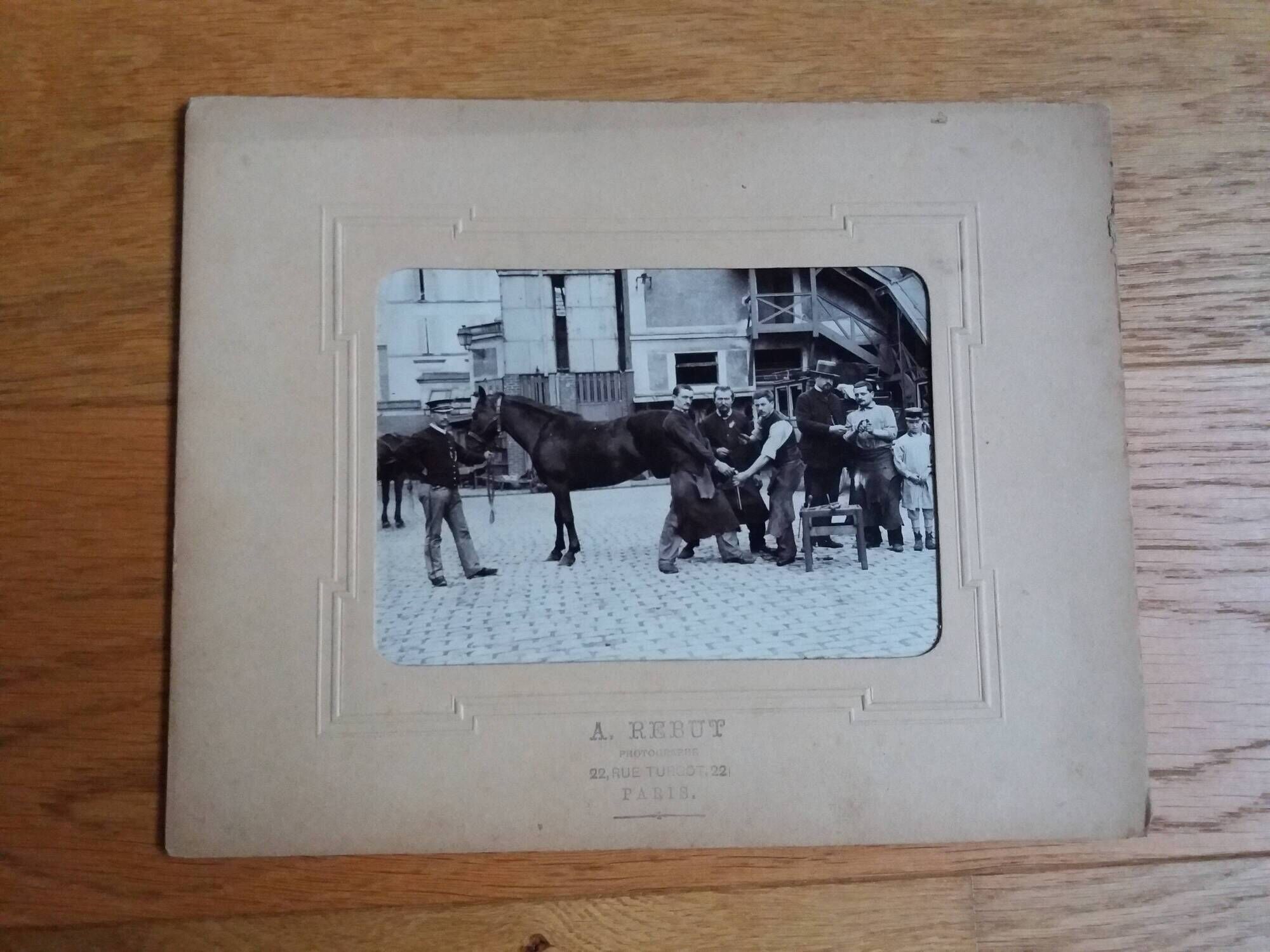 Old photograph 1900 farrier and horse by A. Rebut in Paris