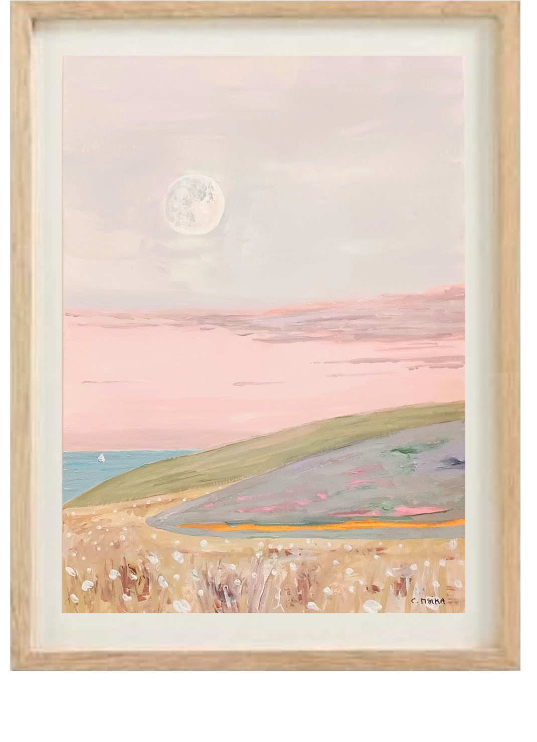Painting in pastel colors representing a landscape by the sea at dusk.