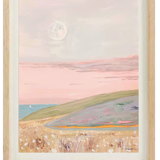 Painting in pastel colors representing a landscape by the sea at dusk.
