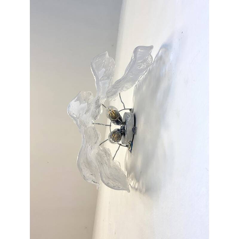 Set of Two Transparent and White “Fiamma” Murano Glass Wall Sconces