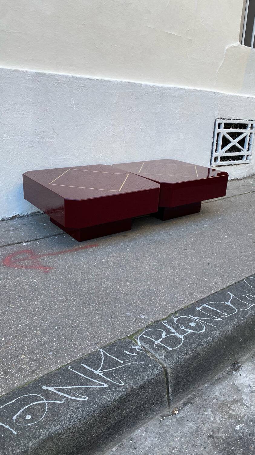 Pair of vintage lacquered and brass coffee tables, 1970