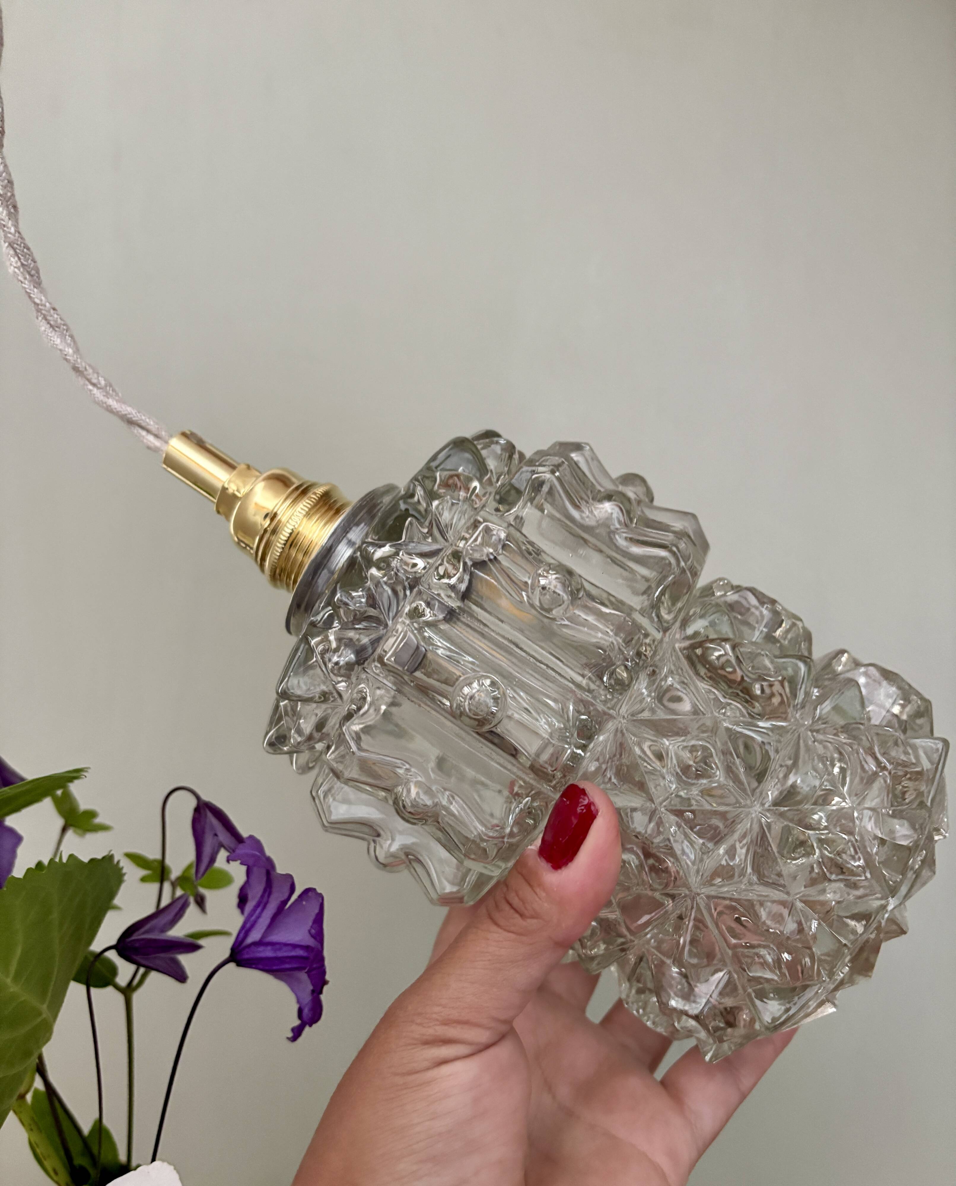 Vintage tulip pendant light in clear molded glass