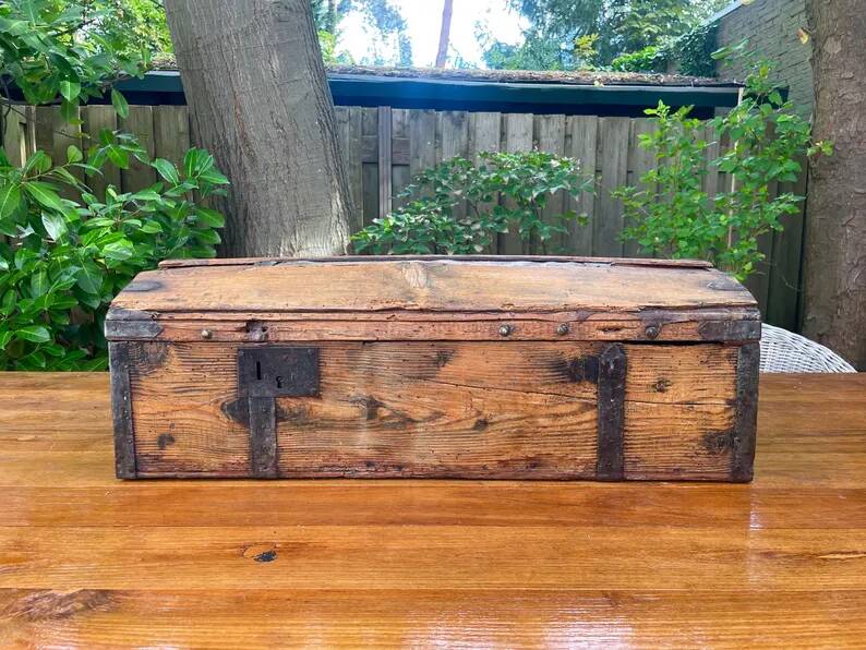 Antique French Wood Iron and Hide Handmade Wood Chest or Trunk