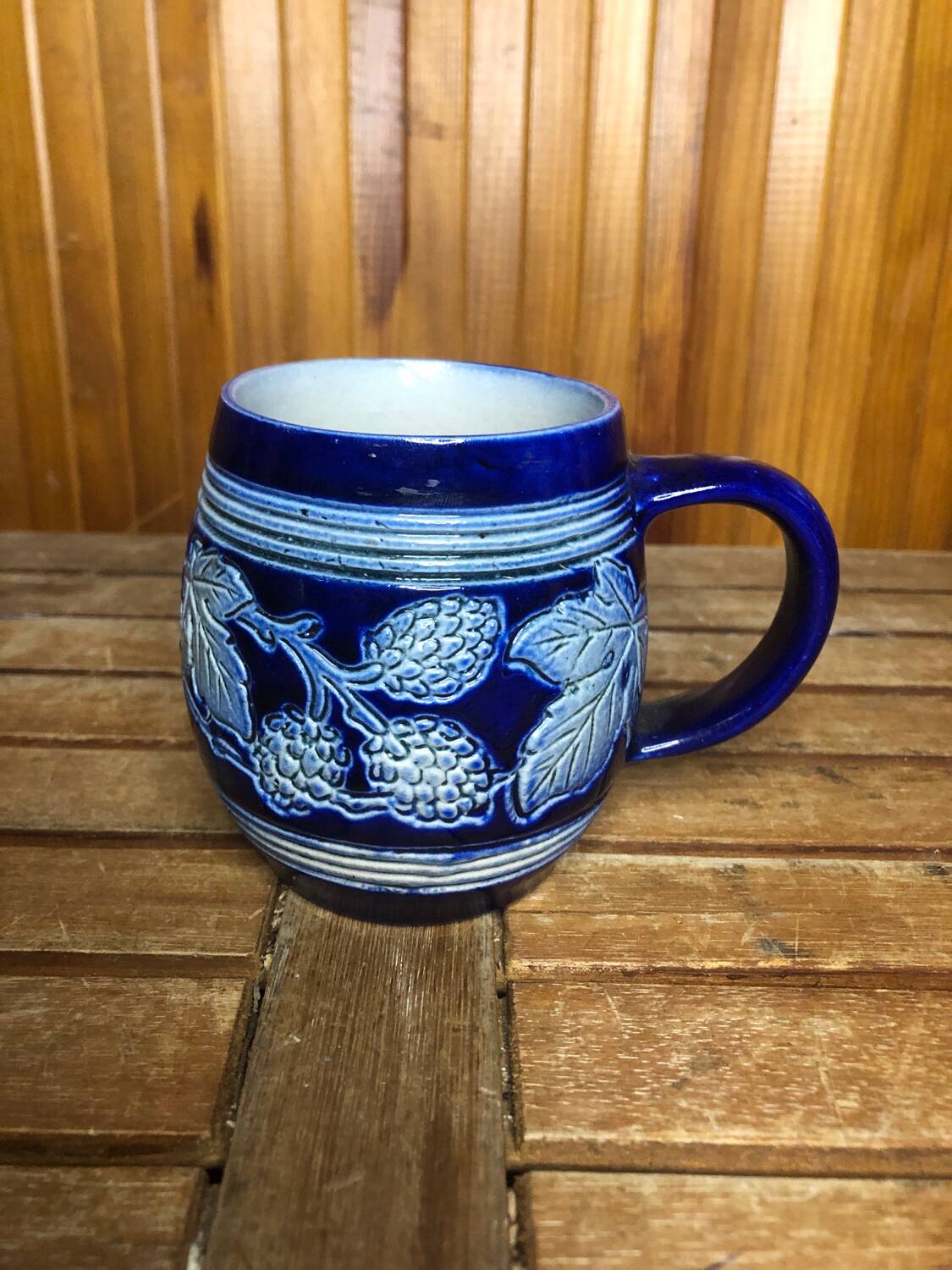 Old BETSCHDORF Tankard Gray Blue Stoneware Vintage Leaves Decor #A603