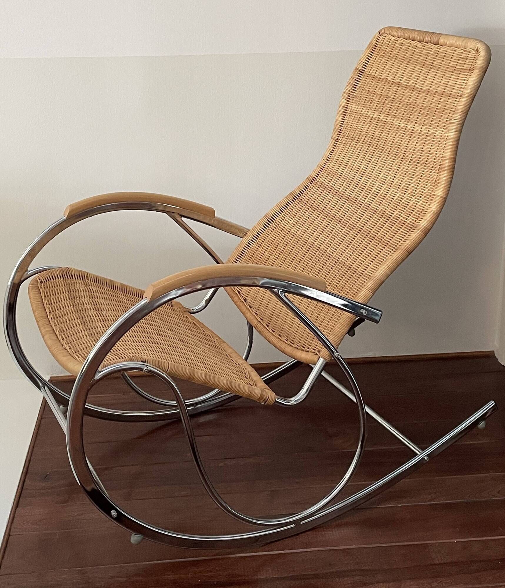 Bauhaus style rocking chair, chrome metal, rattan and beech wood, 1960-70