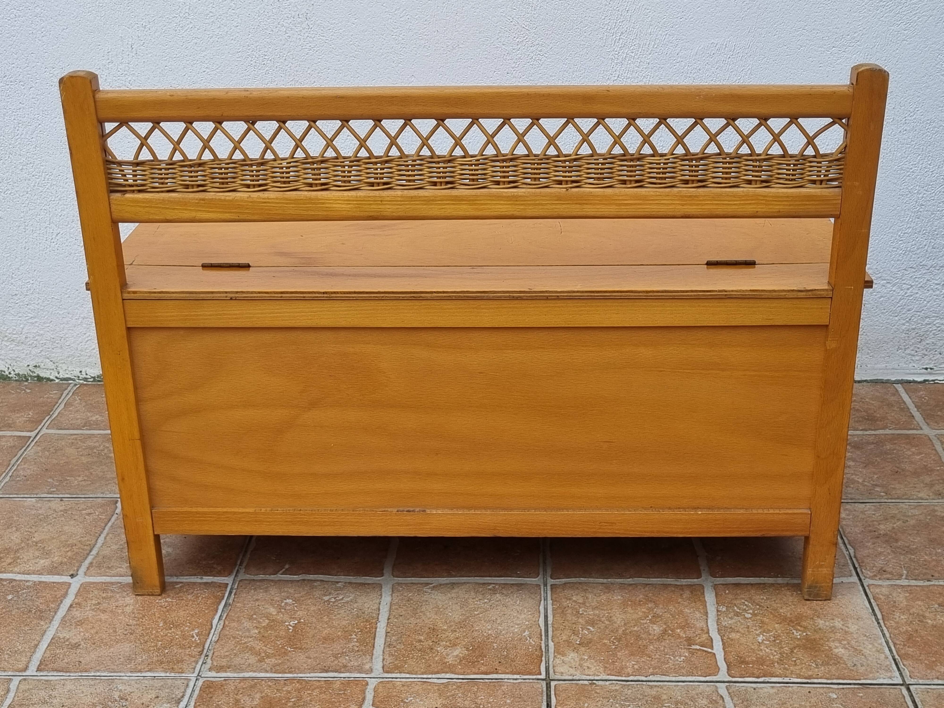 Vintage wooden bench with caning and woven rattan, 1960s-70s.