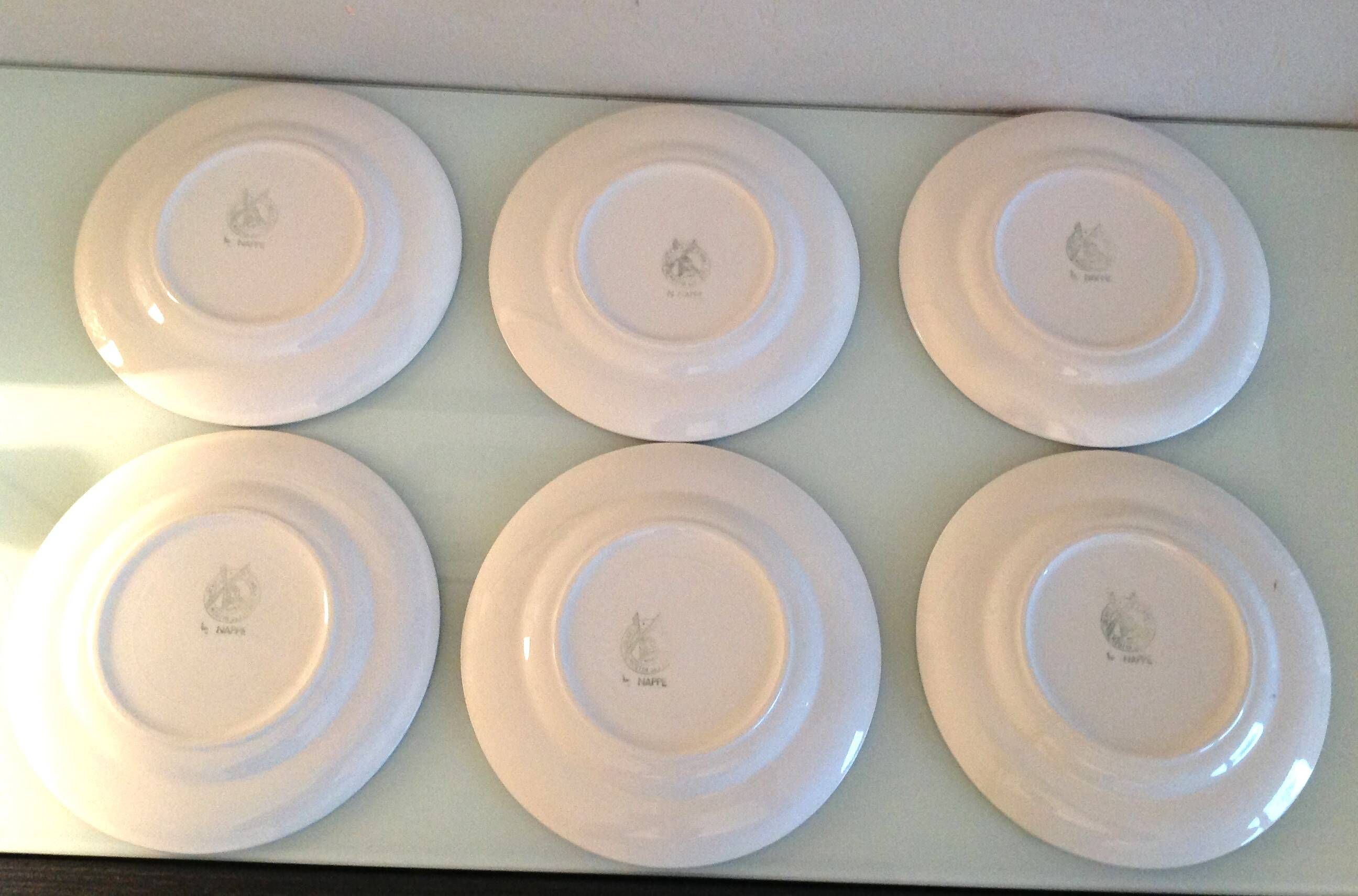 Set of six Moulin des Loups dessert plates, Nappe green model/ 50s-60s