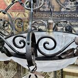 Art Deco chandelier in glass and wrought iron signed Muller Frères Luneville, 3 lights