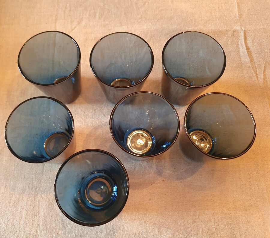 7 vintage blue water glasses