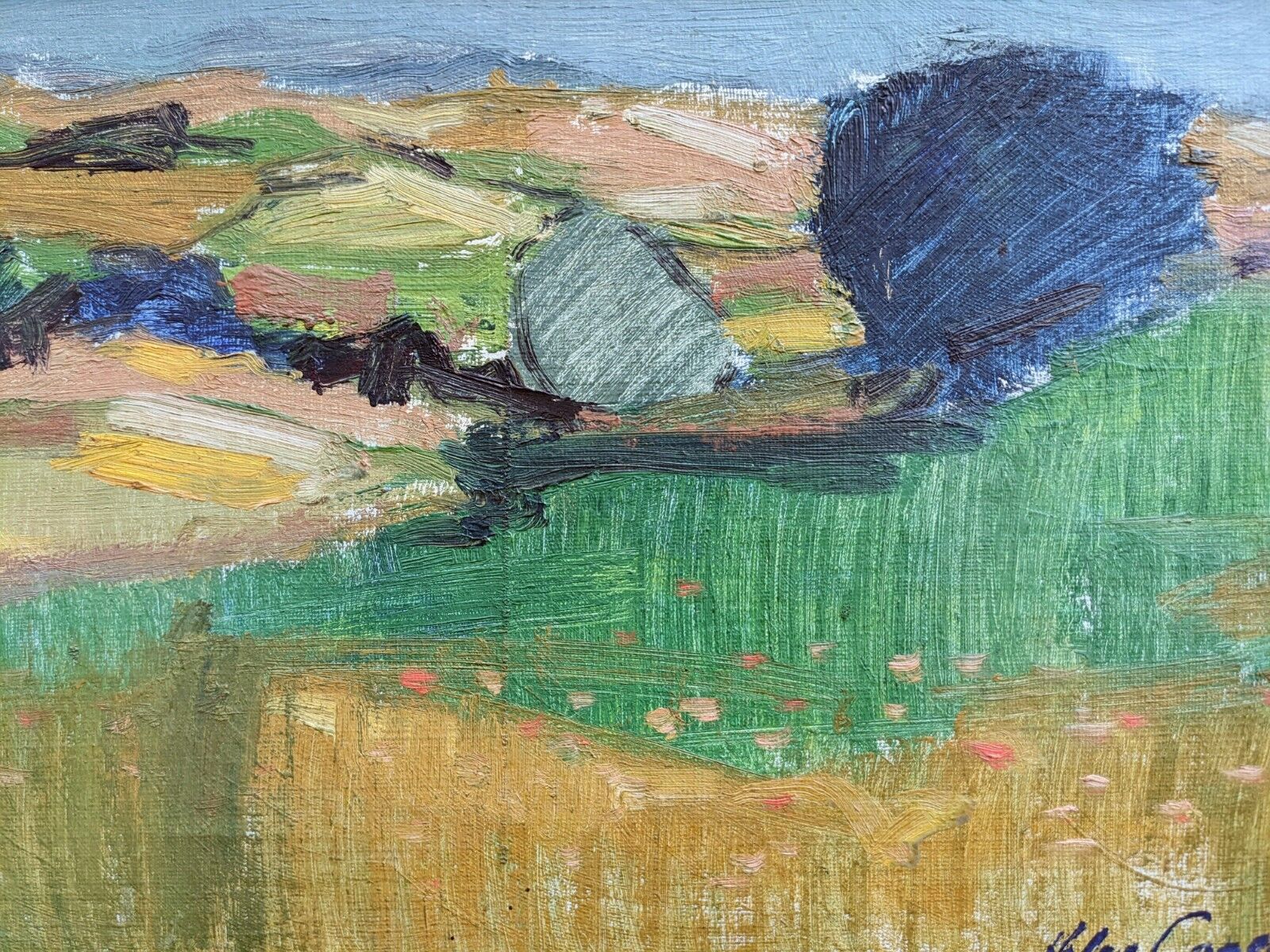 Mid-century modern "the blue tree" vintage expressionist landscape swedish oil painting