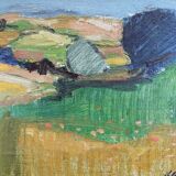 Mid-century modern "the blue tree" vintage expressionist landscape swedish oil painting