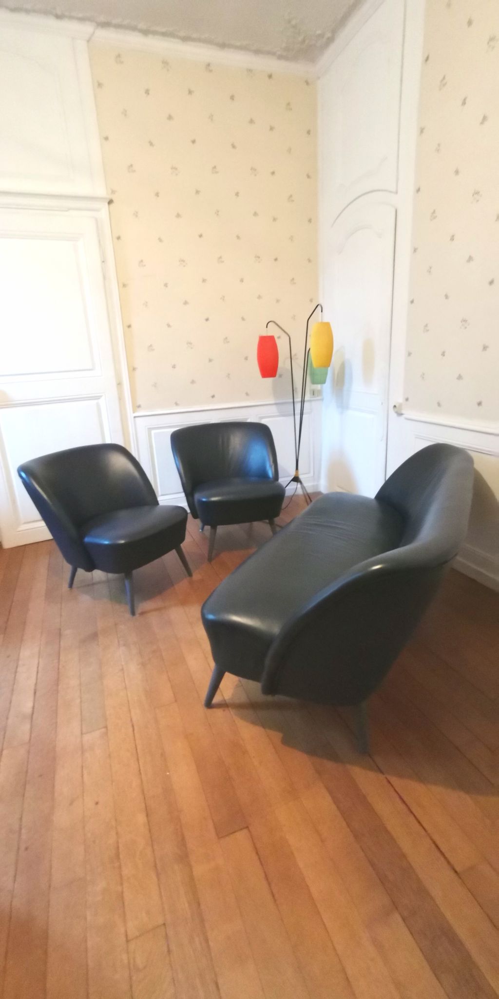 Salon canapé 2 fauteuils chauffeuses cuir noir