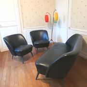 Salon canapé 2 fauteuils chauffeuses cuir noir