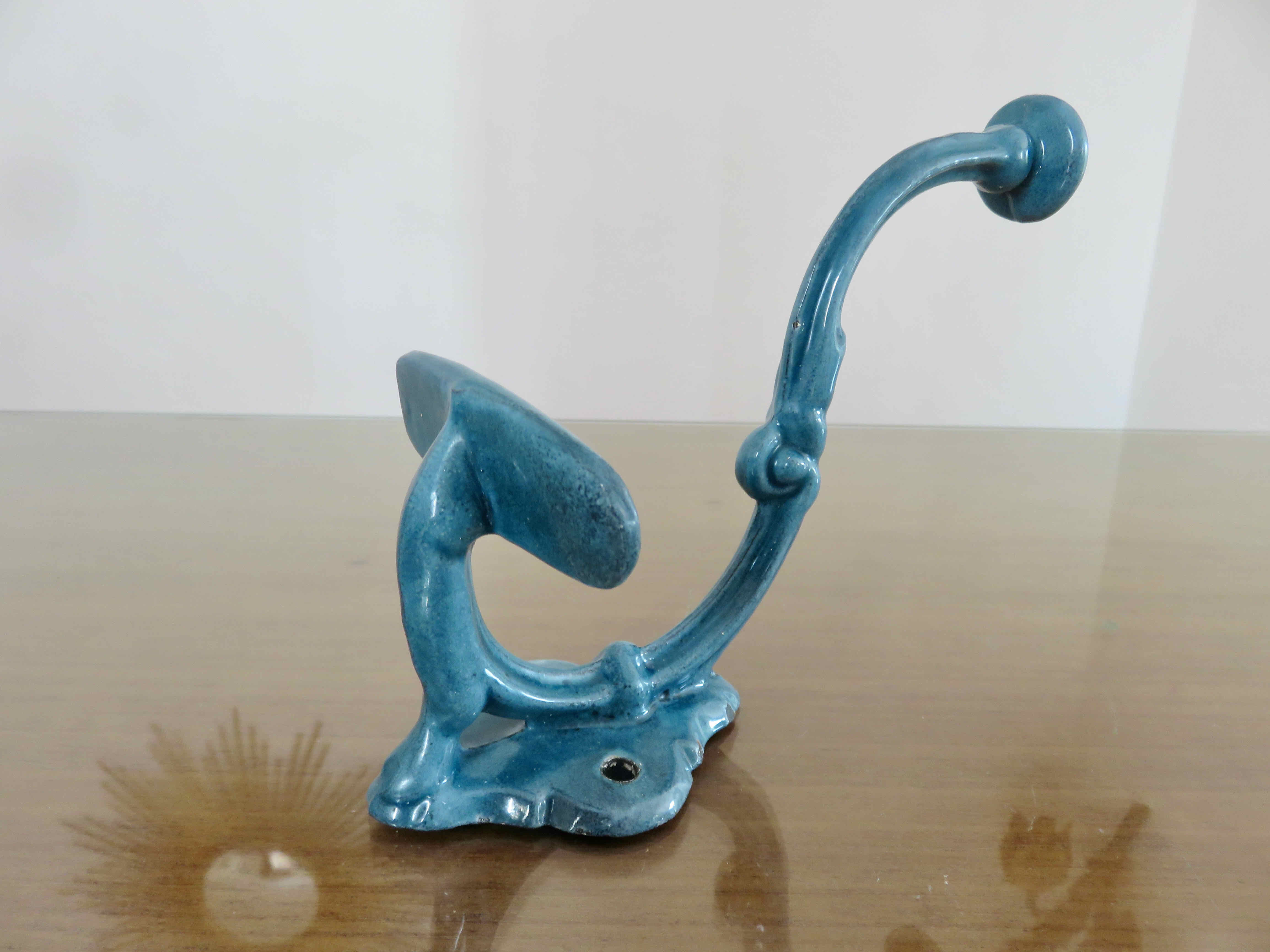 Pair of hooks in blue enamelled cast iron, art deco 30s 40s