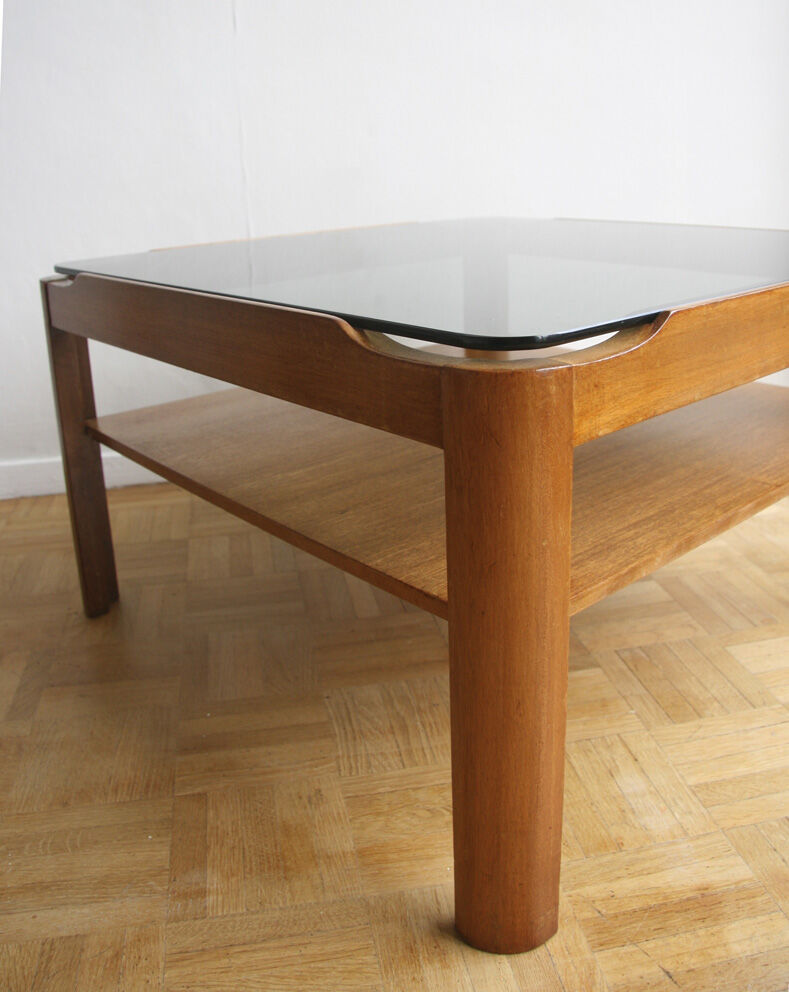 Table basse carrée en teck et verre - 1970