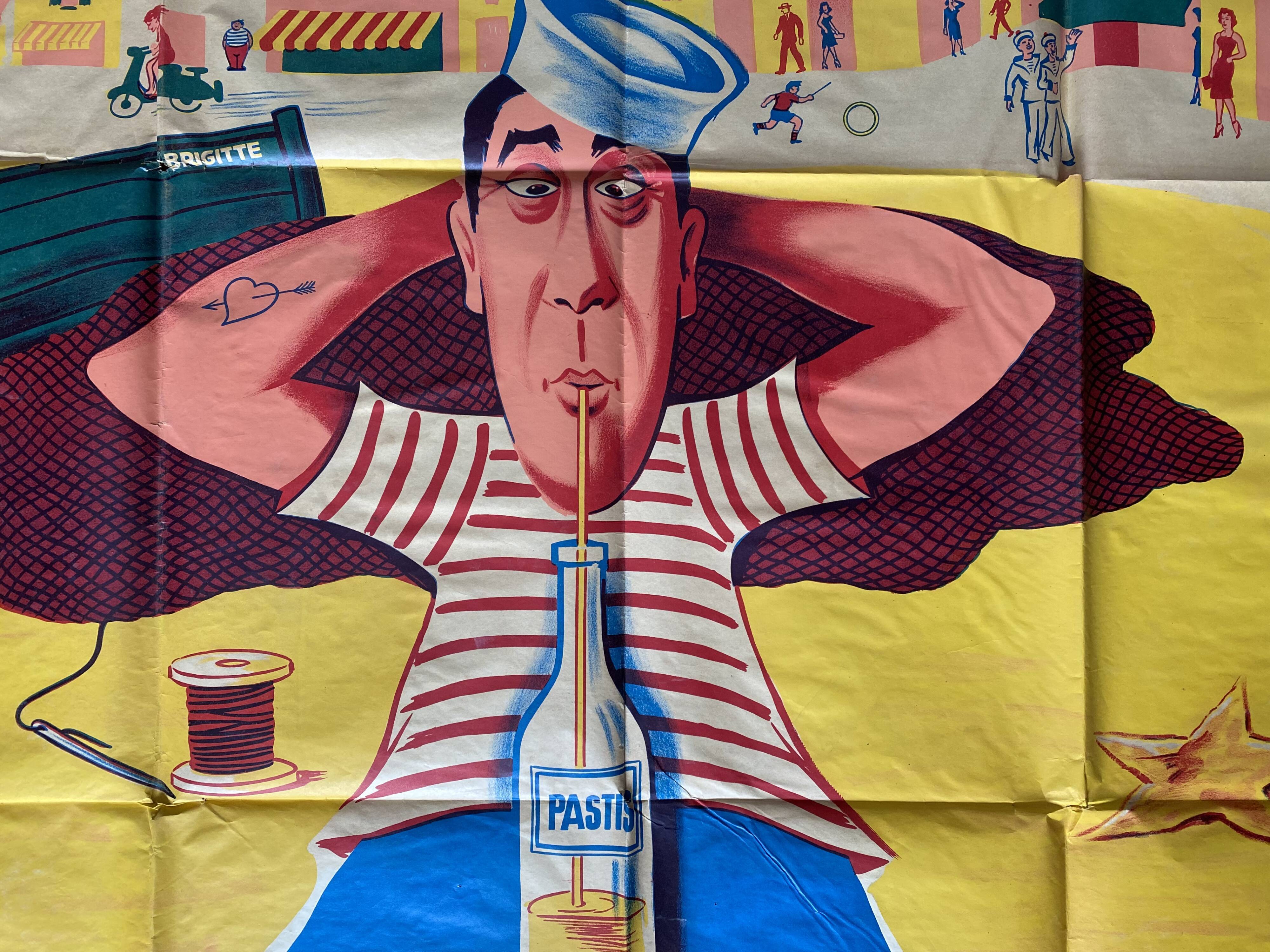 Cinema poster "La Bonne étoile" Fernandel, Marseille, Pastis 120x160cm 1960