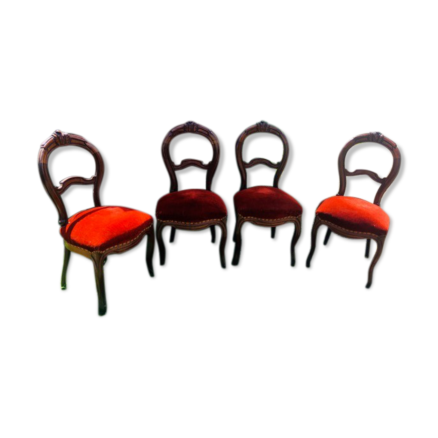 lot of 4 chairs Castle Chippendale, Louis XV late 1800s red velvet