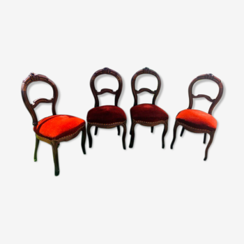 lot de 4 chaises château Chippendale Louis XV fin années 1800 au velours rouge