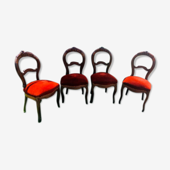 lot of 4 chairs Castle Chippendale, Louis XV late 1800s red velvet