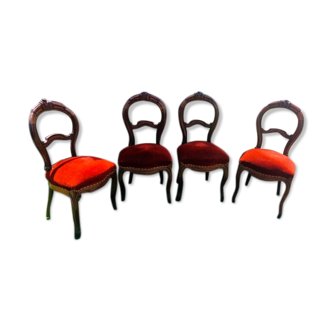 lot of 4 chairs Castle Chippendale, Louis XV late 1800s red velvet