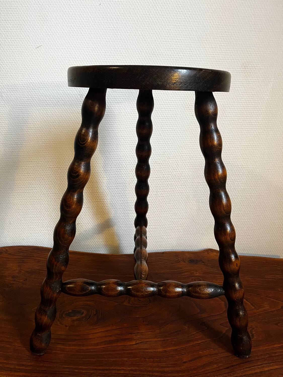 Tripod stool, turned wooden plant holder