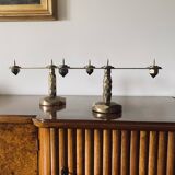 Brutalist brass pair of candle holders, France 1970