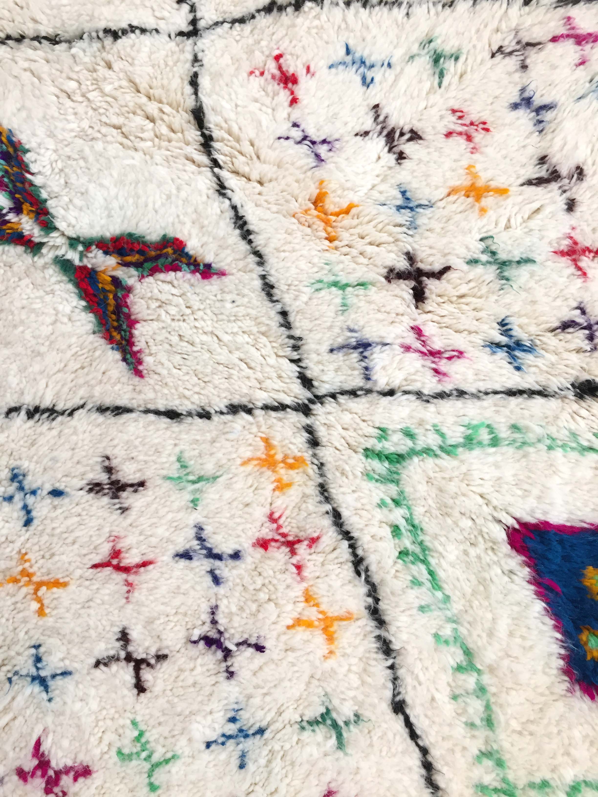 Moroccan Berber carpet azilal ecru with diamonds and colorful patterns 300x188cm