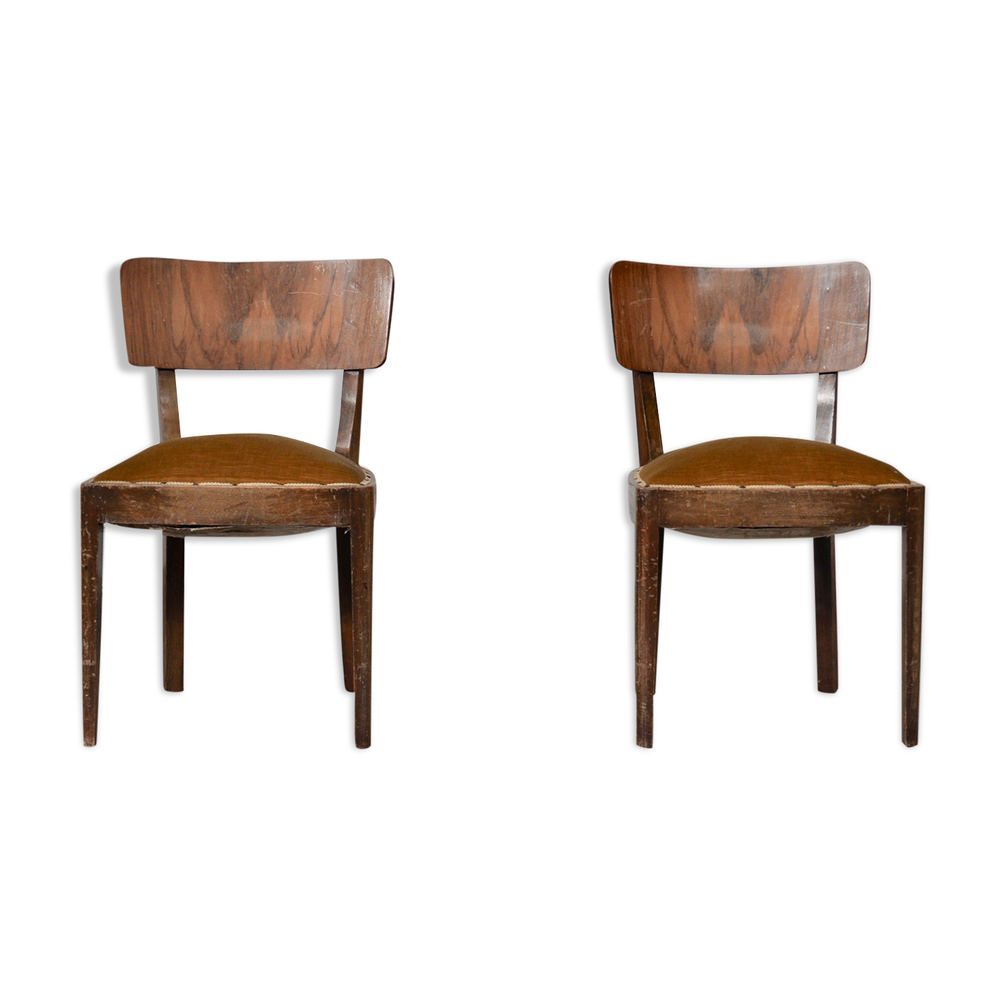 Vintage walnut chairs with studs & straps and springs in velvet, italy, 1920s