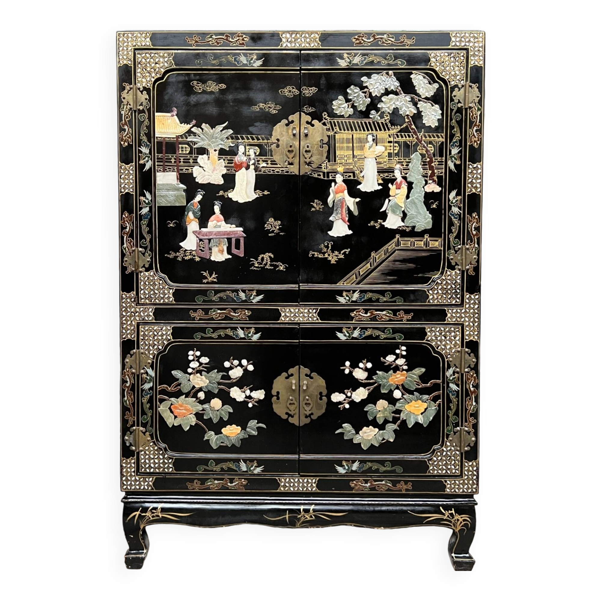 Chinoiserie style furniture. Mother-of-pearl, steatite, jade marquetry.